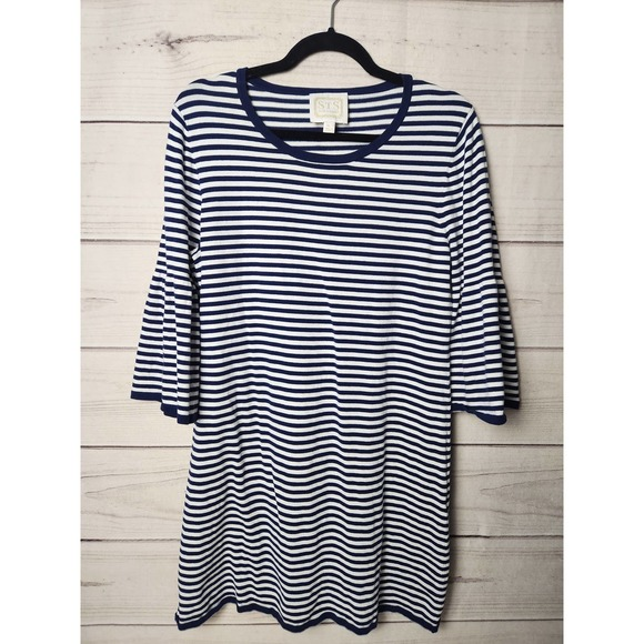 Sail to Sables Womens Striped 3/4 Bell‎ Sleeves Sweater Dress Navy Blue White XL - Picture 1 of 7